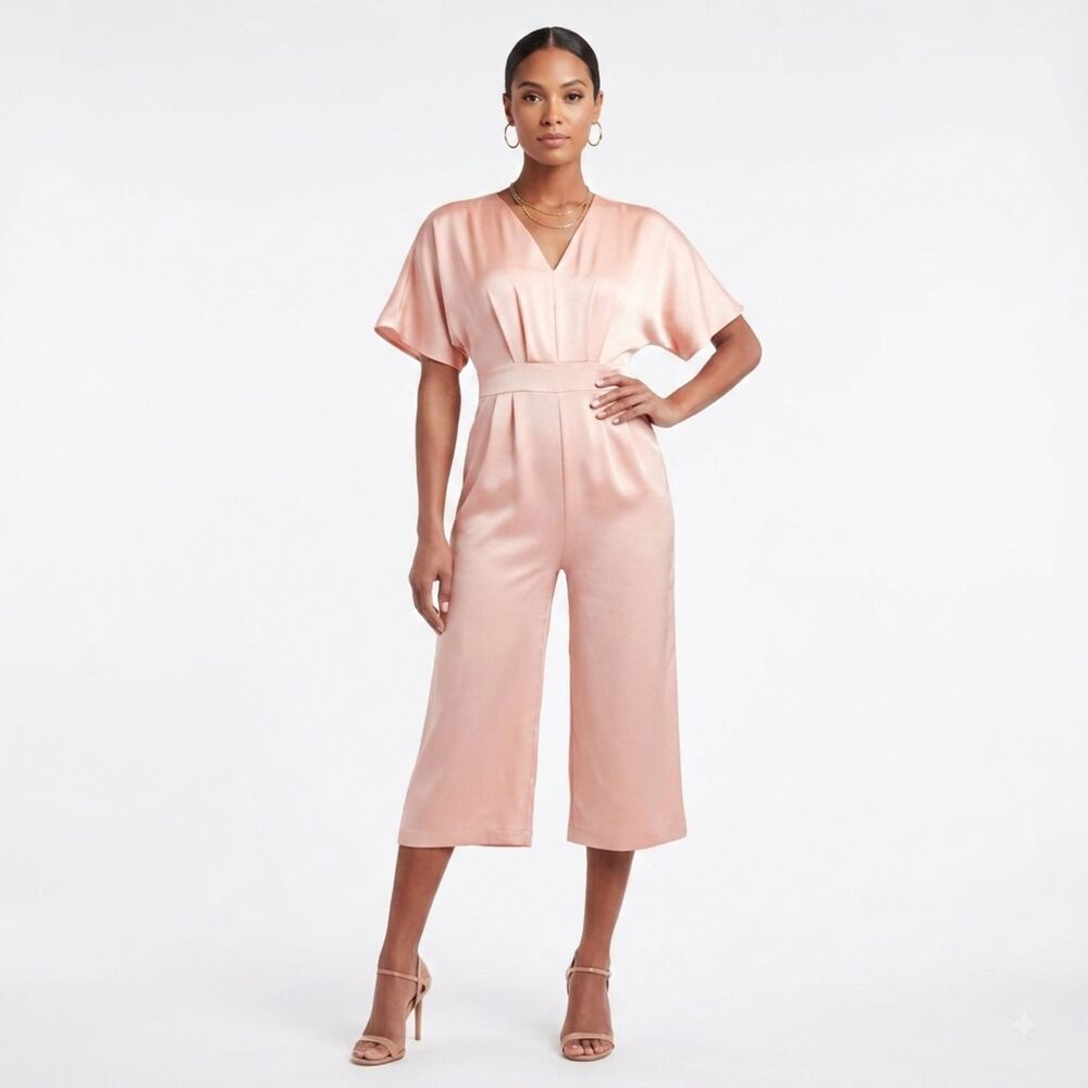 Express Blush Pink Satin V-Neck Flutter Kimono Short Sleeve Culotte Jumpsuit XS
